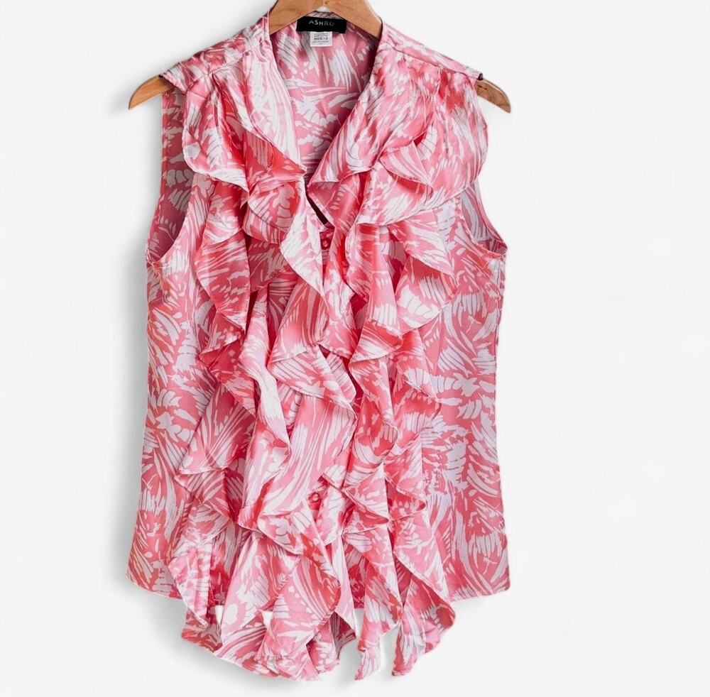 Ashro Coral White Sleeveless Ruffle Front Button Down Blouse Top Size 12
